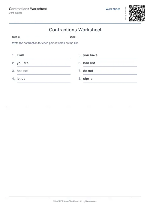 Free printable contractions worksheet (8 problems), PDF download