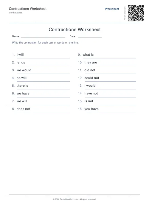 Free printable contractions worksheet (16 problems), PDF download