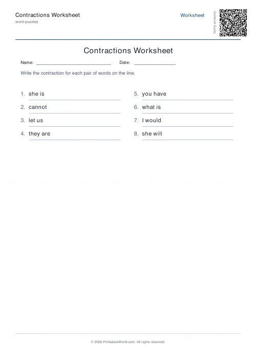 Free printable contractions worksheet (8 problems, with answer key), PDF download