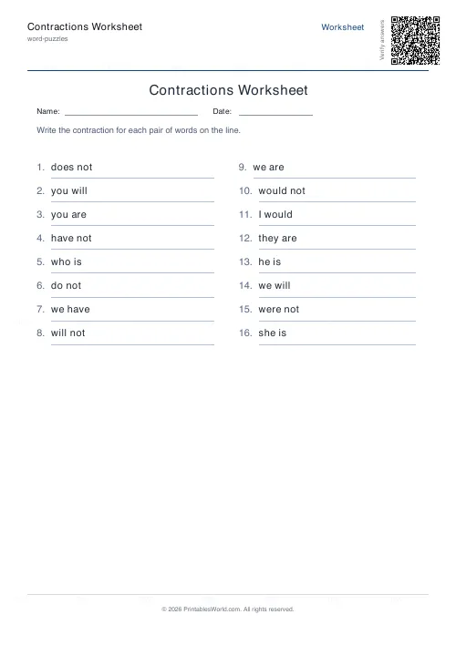 Free printable contractions worksheet (16 problems, with answer key), PDF download