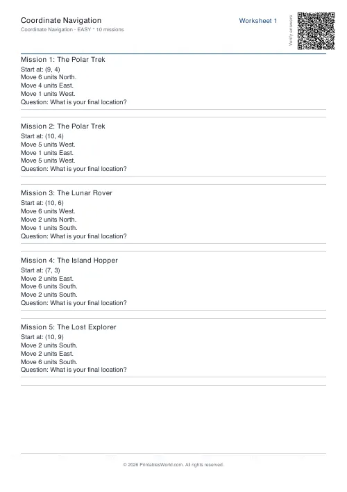Free printable coordinate navigation worksheet — Easy — PDF download