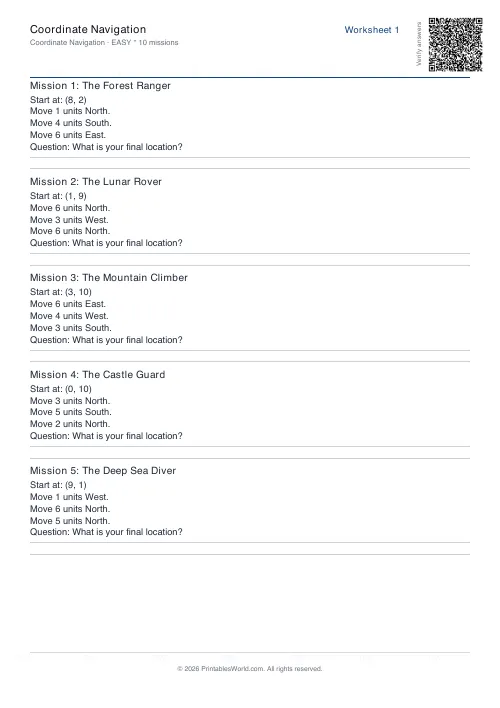 Free printable coordinate navigation worksheet — 10 missions — PDF download