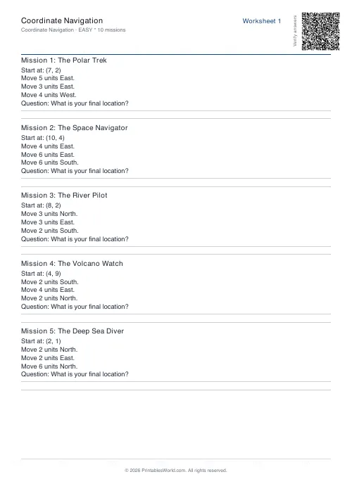 Free printable coordinate navigation worksheet — Easy, with answer key — PDF download