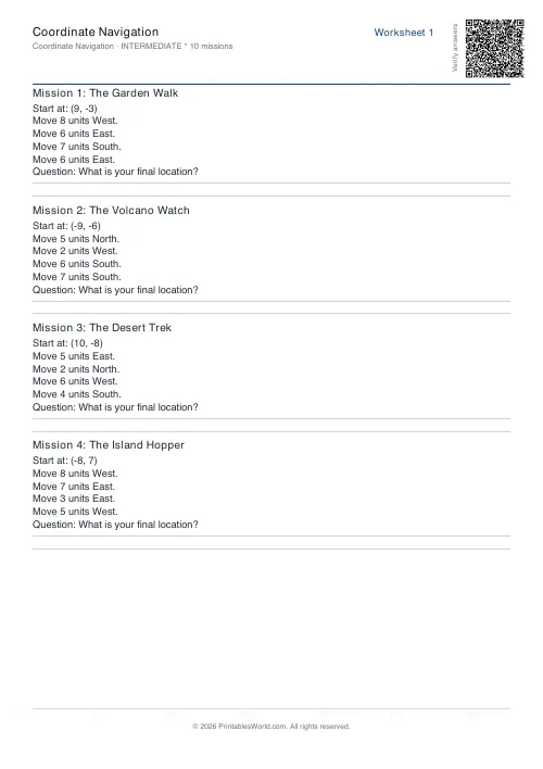 Free printable coordinate navigation worksheet — Intermediate, with answer key — PDF download