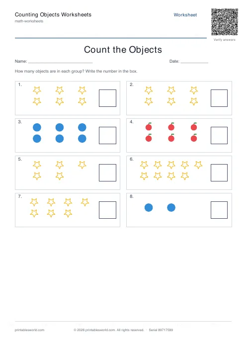 Free printable counting Objects Worksheets PDF — sheet 1