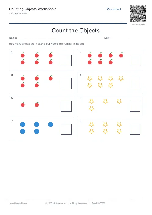 Free printable counting Objects Worksheets PDF — sheet 12