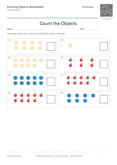 Free printable counting Objects Worksheets PDF — sheet 3