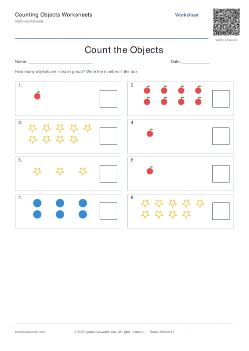 Free printable counting Objects Worksheets PDF — sheet 6