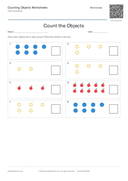 Free printable counting Objects Worksheets PDF — sheet 8
