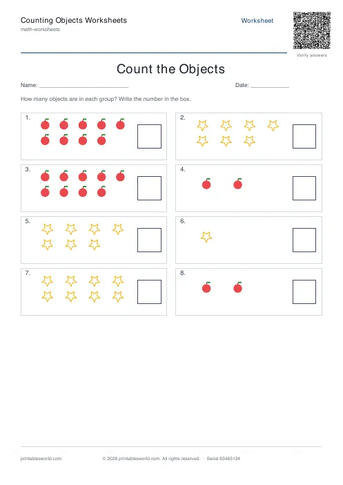 Free printable counting Objects Worksheets PDF — sheet 9