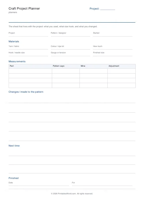 Free printable craft project planner (No name and date band), PDF download