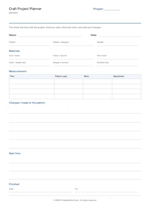 Free printable craft project planner (With a name and date band), PDF download