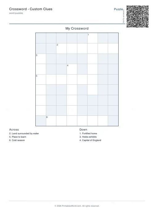Free printable crossword puzzle (20 words, with answer key), PDF download