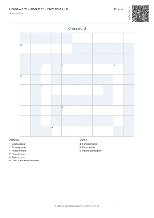 Free printable crossword puzzle — 20 words, with answer key — PDF download
