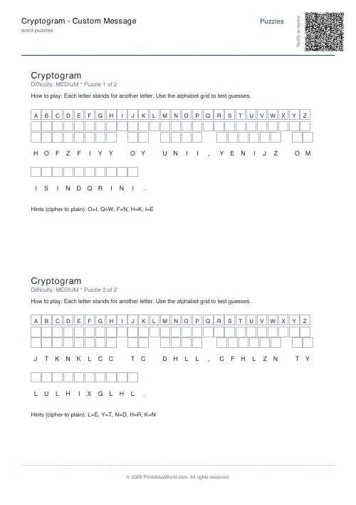 Free printable cryptogram puzzle — 2 puzzles, with answer key — PDF download