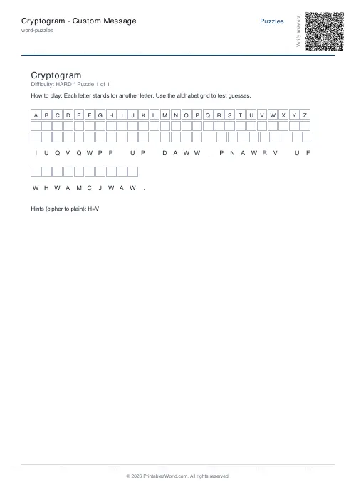 Free printable cryptogram puzzle — Hard — PDF download