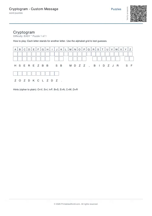 Free printable cryptogram puzzle — Easy, with answer key — PDF download