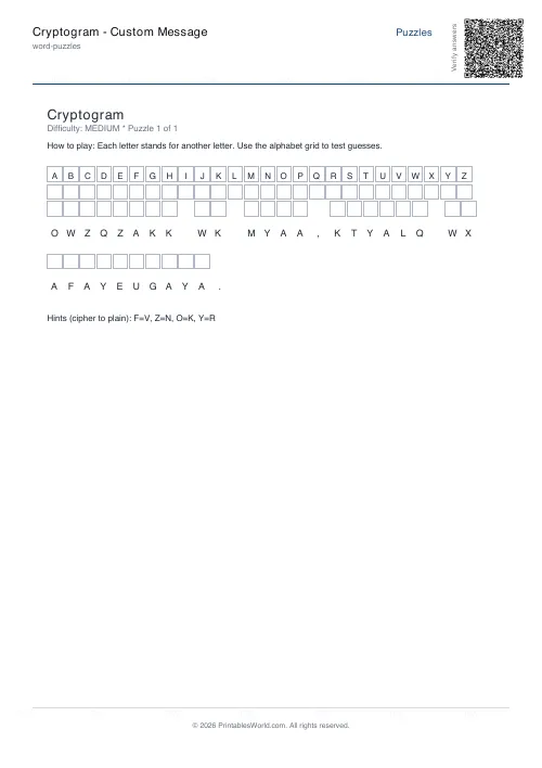 Free printable cryptogram puzzle — Medium, with answer key — PDF download