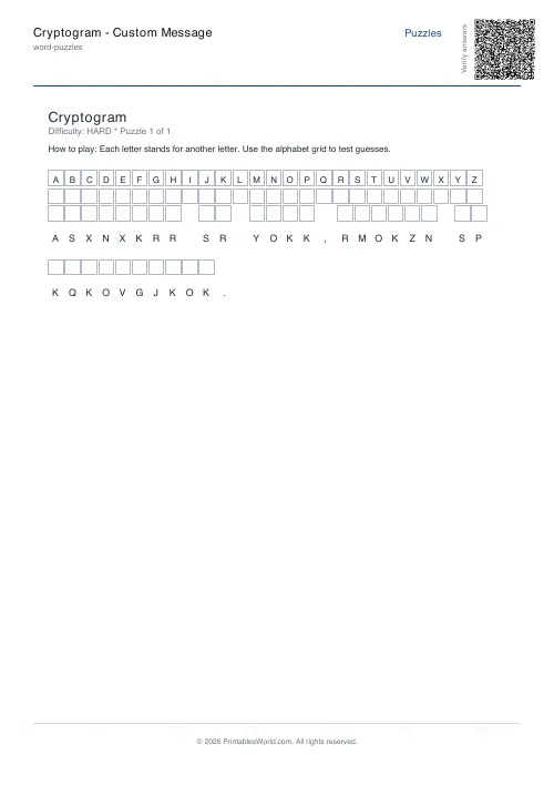 Free printable cryptogram puzzle — Hard, with answer key — PDF download