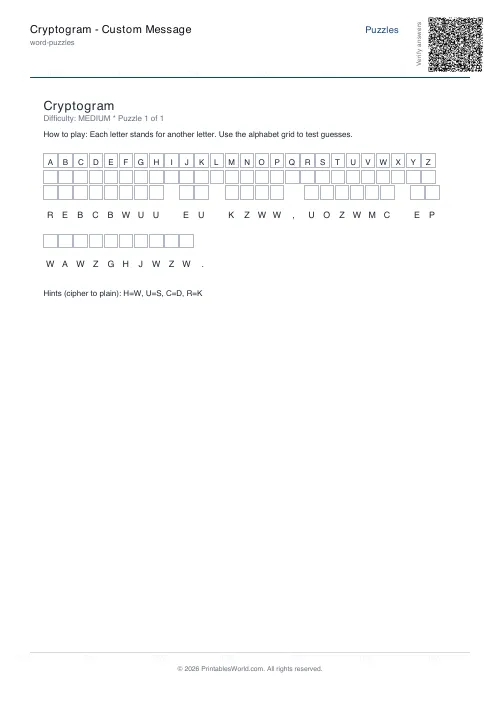 Free printable cryptogram puzzle — 1 puzzle, with answer key — PDF download
