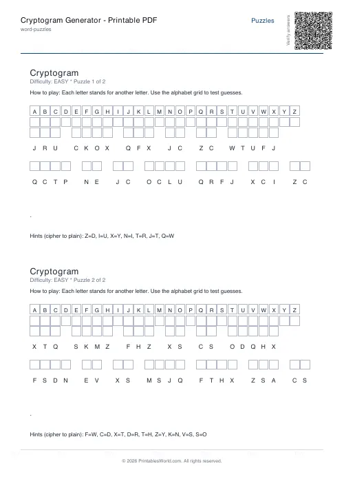 Free printable cryptogram puzzle — Easy — PDF download