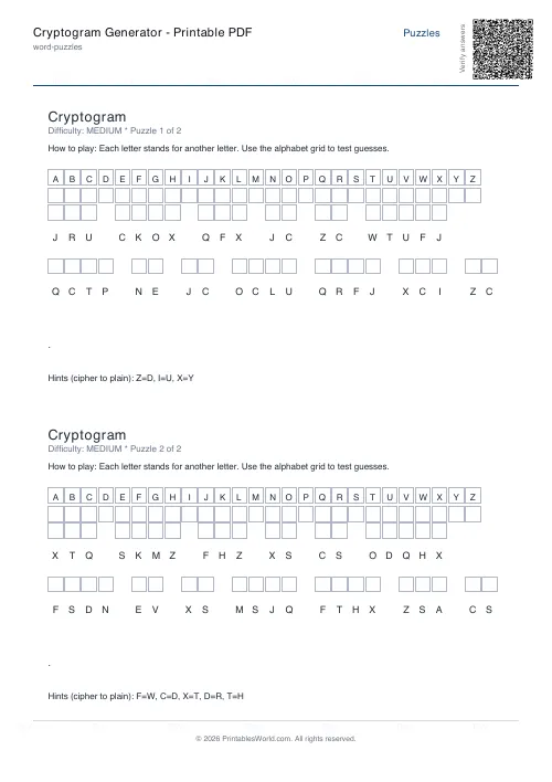 Free printable cryptogram puzzle — 2 puzzles, with answer key — PDF download