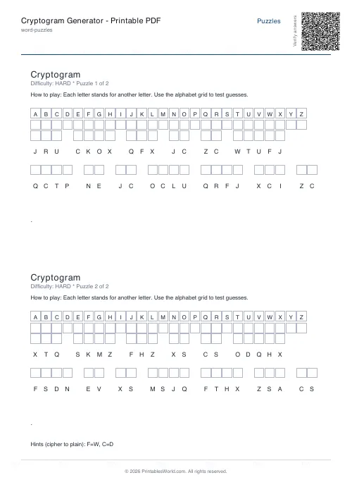 Free printable cryptogram puzzle — Hard, with answer key — PDF download