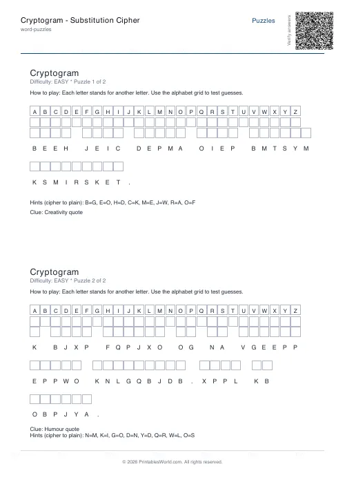 Free printable cryptogram puzzle — Easy — PDF download