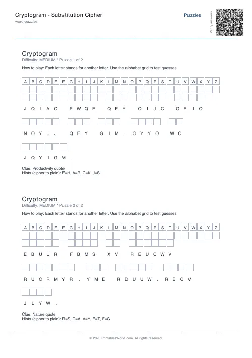 Free printable cryptogram puzzle — 2 puzzles, with answer key — PDF download