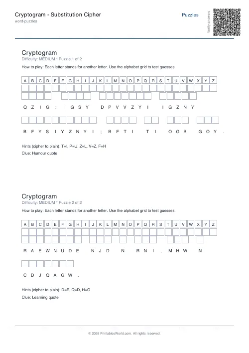 Free printable cryptogram puzzle — Medium — PDF download