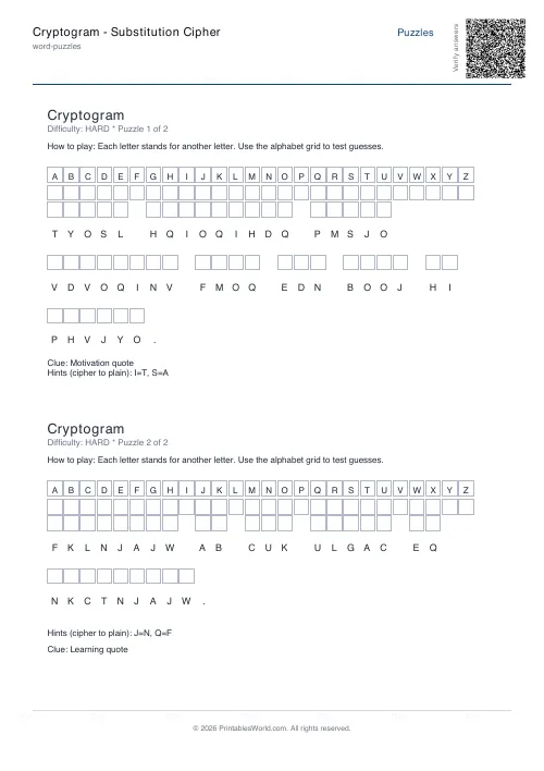 Free printable cryptogram puzzle — Hard — PDF download