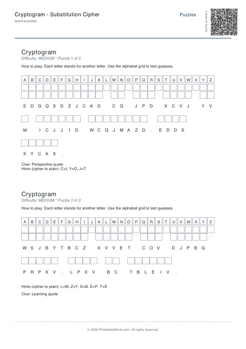 Free printable cryptogram puzzle — Medium, with answer key — PDF download