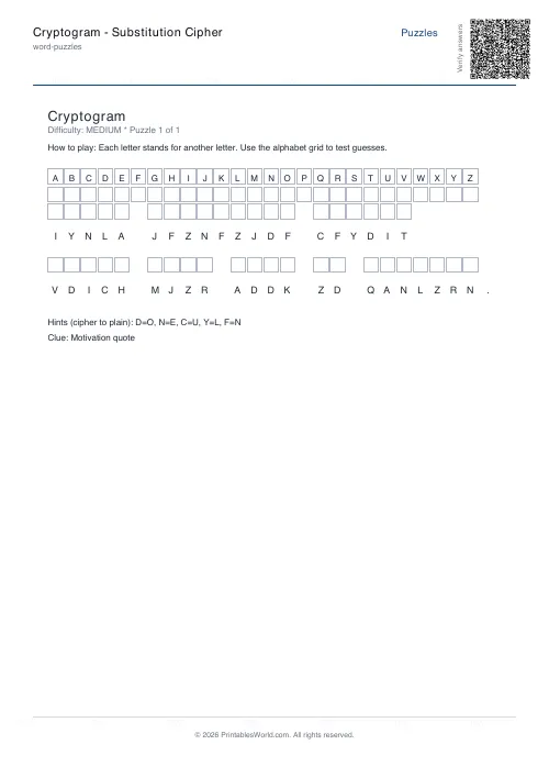 Free printable cryptogram puzzle — 1 puzzle, with answer key — PDF download