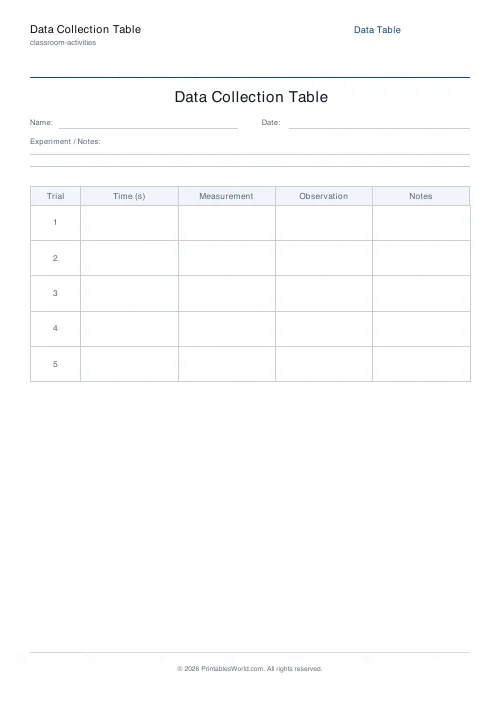 Free printable blank data collection table — 5 rows — PDF download