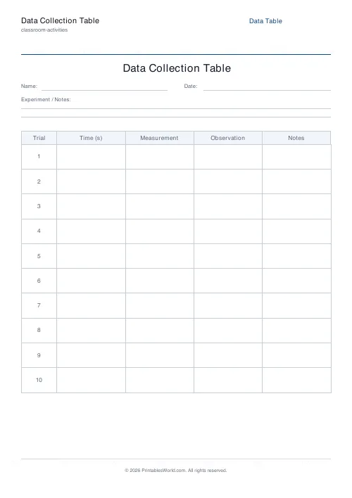 Free printable blank data collection table — 10 rows — PDF download