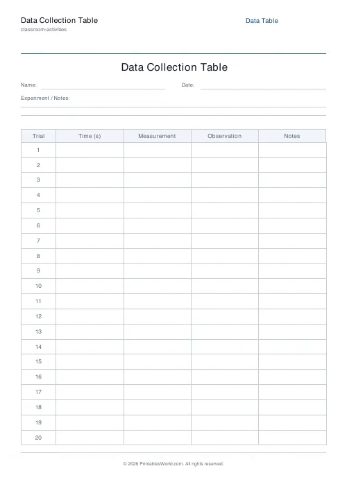 Free printable blank data collection table — 20 rows — PDF download