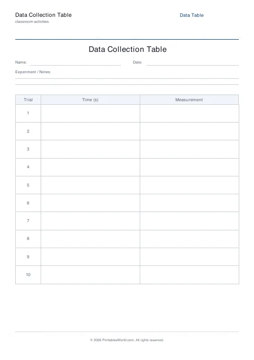 Free printable blank data collection table — 2 cols — PDF download