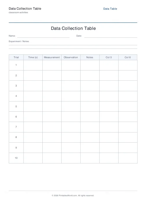 Free printable blank data collection table — 6 cols — PDF download