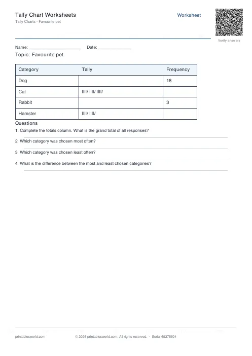 Free printable tally Chart Worksheets PDF — sheet 10