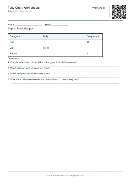 Free printable tally chart worksheet (3 categories, with answer key), PDF download