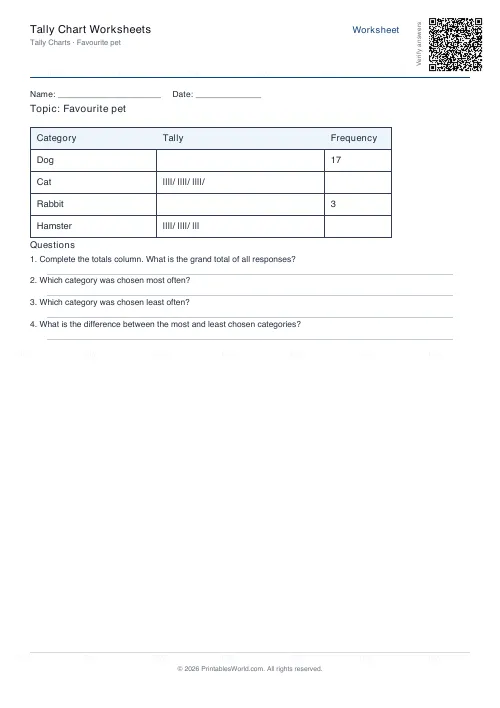 Free printable tally chart worksheet (4 categories, with answer key), PDF download