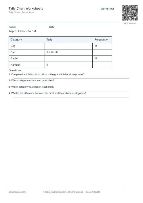 Free printable tally Chart Worksheets PDF — sheet 3