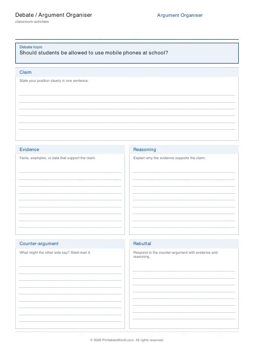 Free printable debate graphic organiser, PDF download
