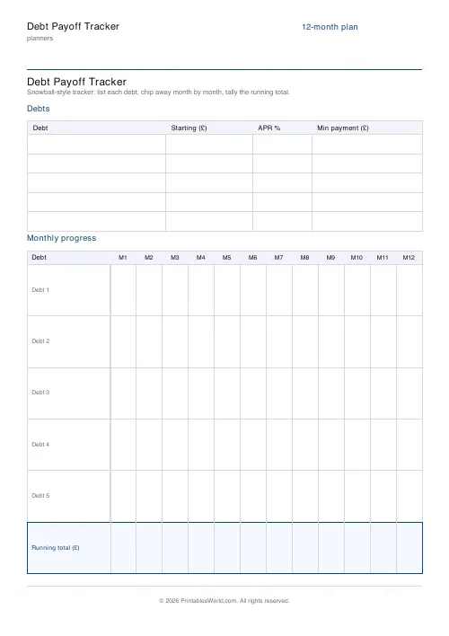 Free printable debt payoff tracker — 12 months — PDF download