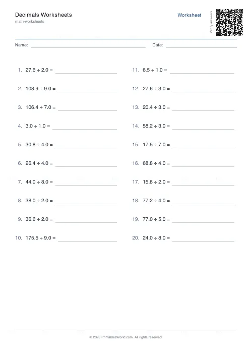 Free printable decimals worksheet (Division, with answer key), PDF download