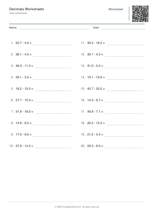 Free printable decimals worksheet (Subtraction), PDF download