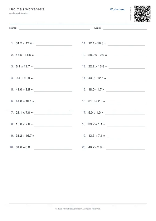 Free printable decimals worksheet (Mixed), PDF download