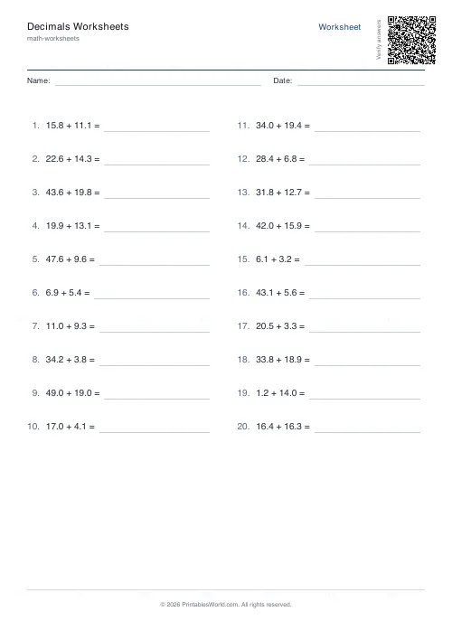 Free printable decimals worksheet (1 dp), PDF download