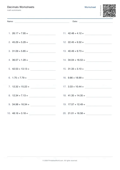 Free printable decimals worksheet (2 dp), PDF download