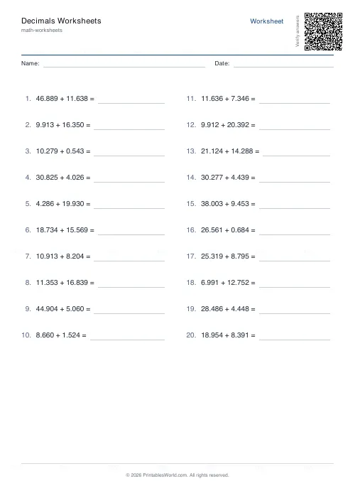 Free printable decimals worksheet (3 dp), PDF download